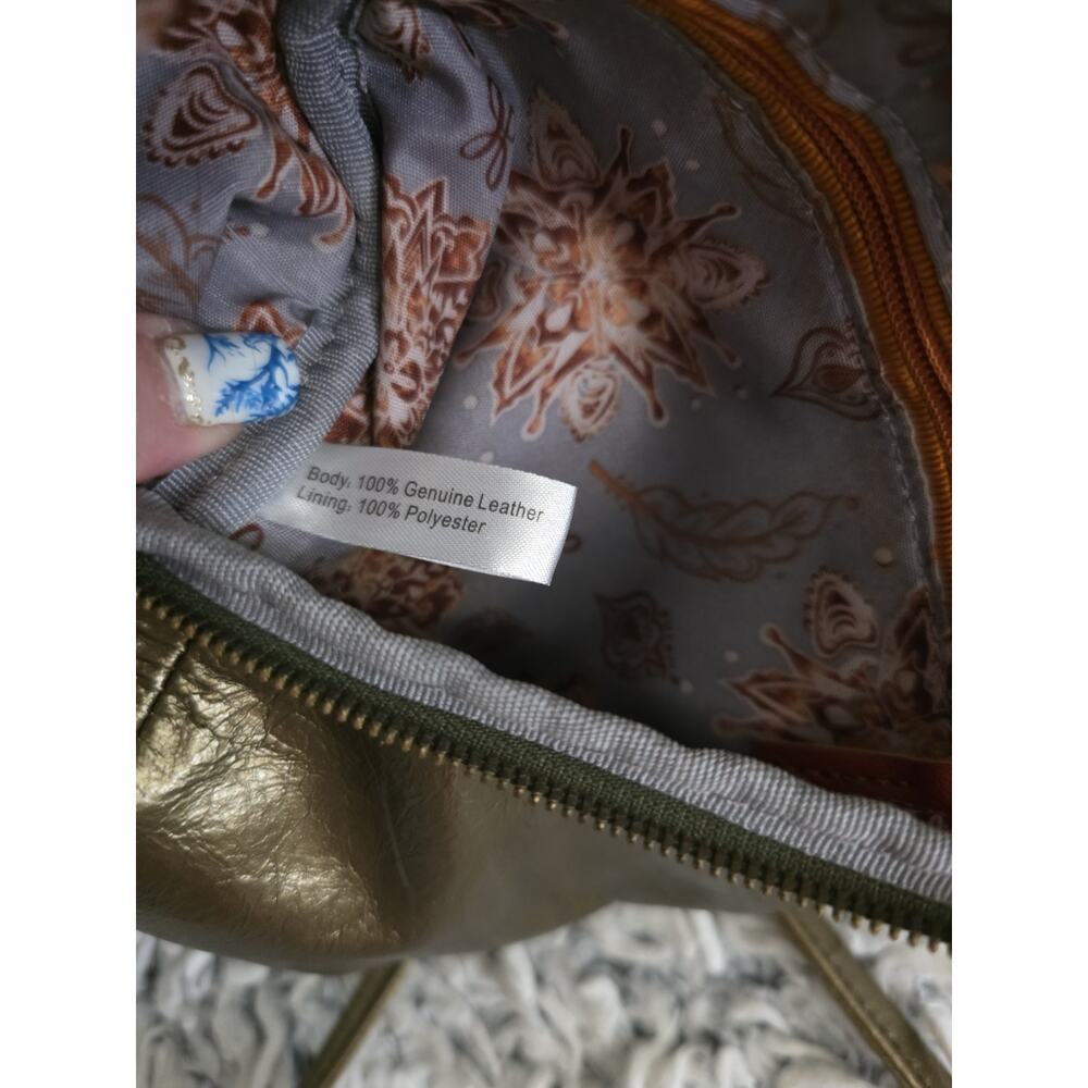 Hobo Fern Metallic Bronze Green Crossbody Bag Purse Leather Floral Lined Small - Picture 8 of 16